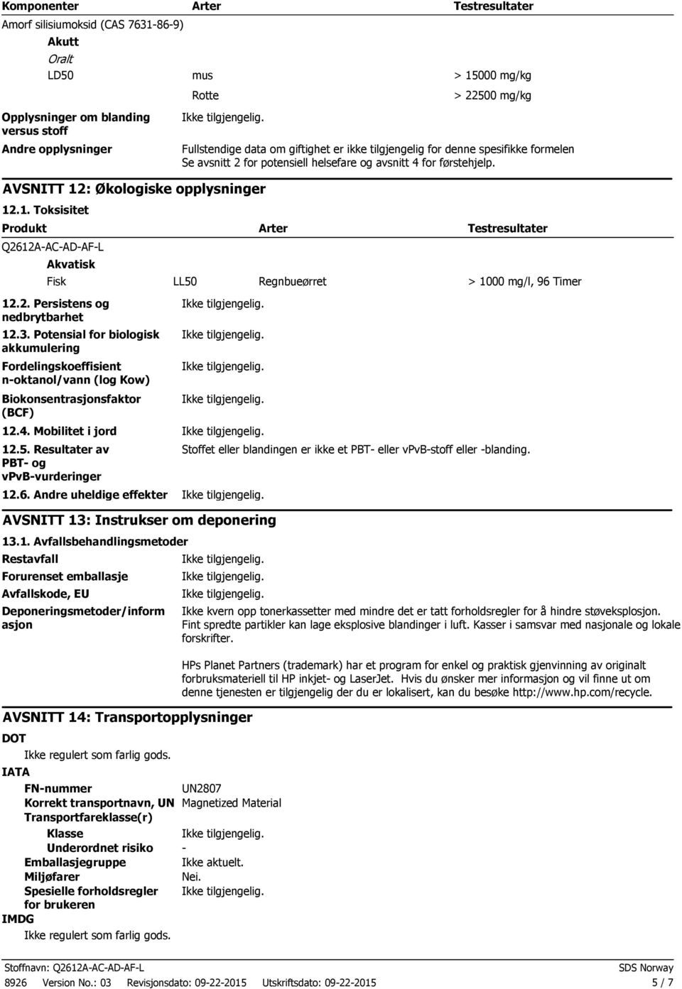 : Økologiske opplysninger 12.1. Toksisitet Produkt Arter Q2612AACADAFL Akvatisk Fisk LL50 Regnbueørret Testresultater > 1000 mg/l, 96 Timer 12.2. Persistens og nedbrytbarhet 12.3.
