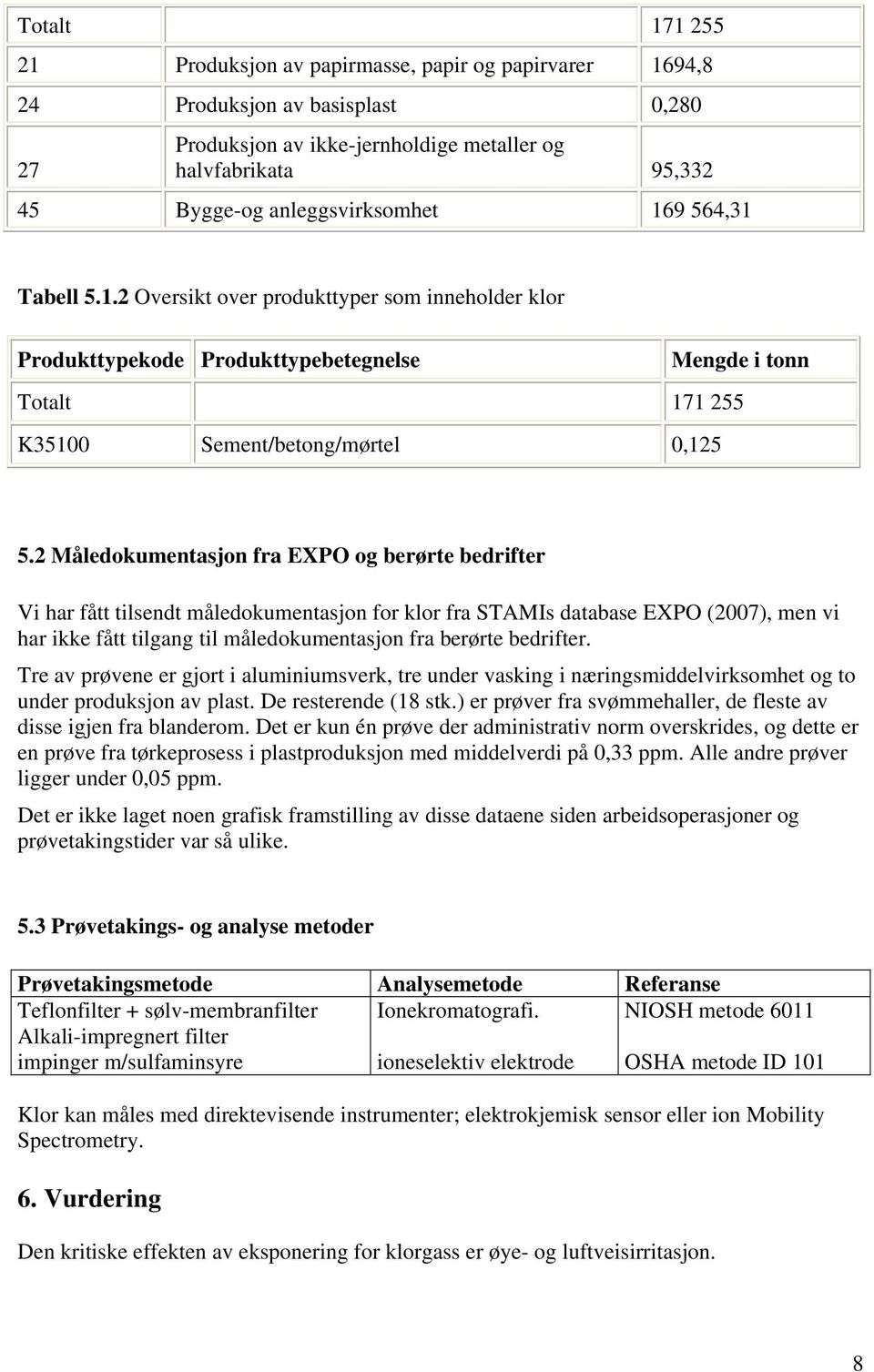 2 Måledokumentasjon fra EXPO og berørte bedrifter Vi har fått tilsendt måledokumentasjon for klor fra STAMIs database EXPO (2007), men vi har ikke fått tilgang til måledokumentasjon fra berørte