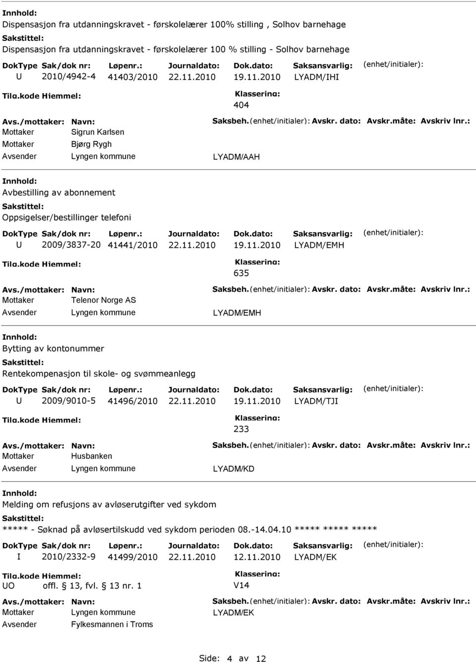 : Sigrun Karlsen Bjørg Rygh LYADM/AAH Avbestilling av abonnement Oppsigelser/bestillinger telefoni 2009/3837-20 41441/2010 19.11.2010 LYADM/EMH 635 Avs./mottaker: Navn: Saksbeh. Avskr. dato: Avskr.