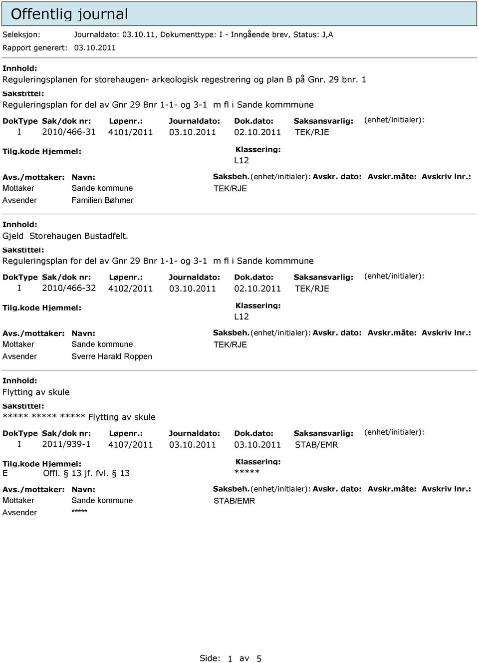 : Avsender Familien Bøhmer nnhold: Gjeld Storehaugen Bustadfelt. Reguleringsplan for del av Gnr 29 Bnr 1-1- og 3-1 m fl i Sande kommmune 2010/466-32 4102/2011 L12 Avs./mottaker: Navn: Saksbeh. Avskr.