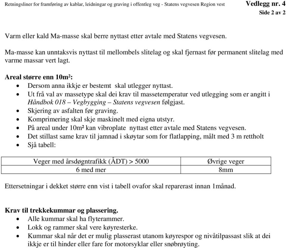 Ma-masse kan unntaksvis nyttast til mellombels slitelag og skal fjernast før permanent slitelag med varme massar vert lagt. Areal større enn 10m²: Dersom anna ikkje er bestemt skal utlegger nyttast.