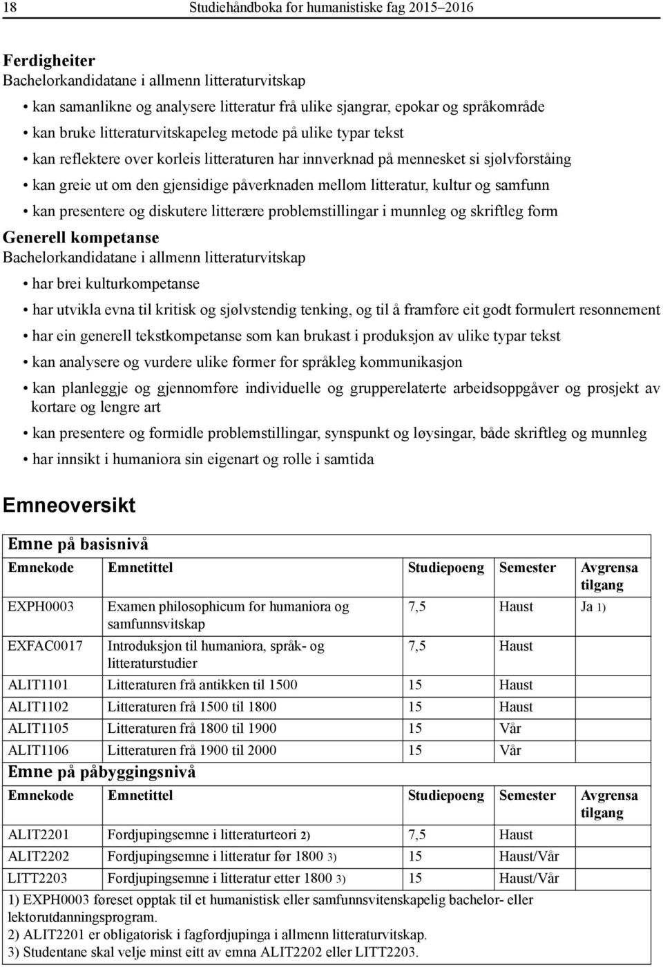 litteratur, kultur og samfunn kan presentere og diskutere litterære problemstillingar i munnleg og skriftleg form Generell kompetanse Bachelorkandidatane i allmenn litteraturvitskap har brei