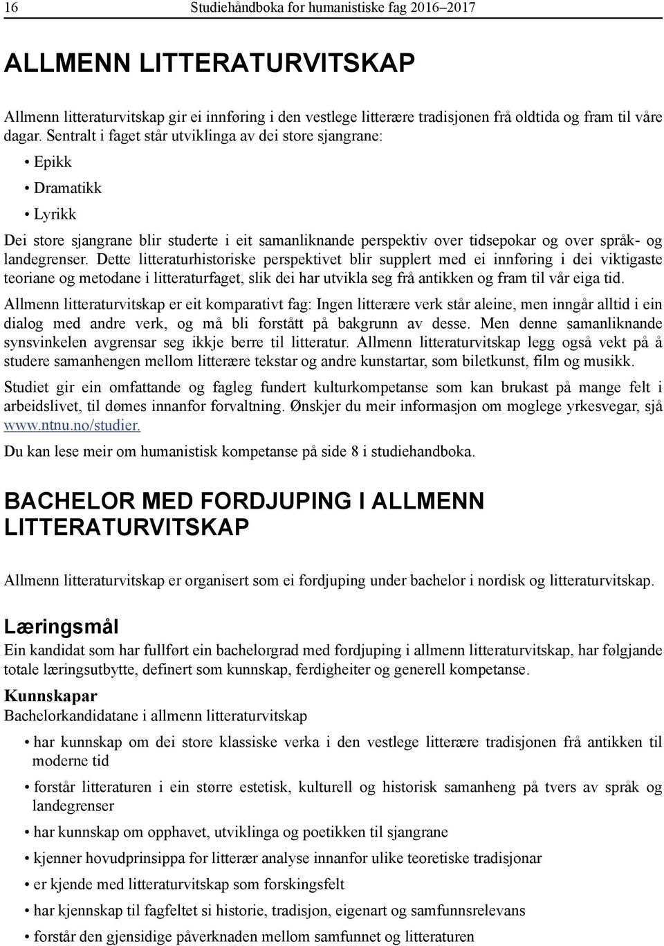 Dette litteraturhistoriske perspektivet blir supplert med ei innføring i dei viktigaste teoriane og metodane i litteraturfaget, slik dei har utvikla seg frå antikken og fram til vår eiga tid.