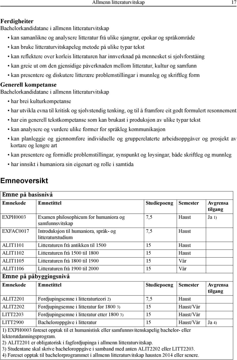 kultur og samfunn kan presentere og diskutere litterære problemstillingar i munnleg og skriftleg form Generell kompetanse Bachelorkandidatane i allmenn litteraturvitskap har brei kulturkompetanse har