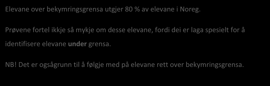 Elevane over bekymringsgrensa utgjer 80 % av elevane i Noreg. Prøvene fortel ikkje så mykje om desse elevane, fordi dei er laga spesielt for å identifisere elevane under grensa. NB!