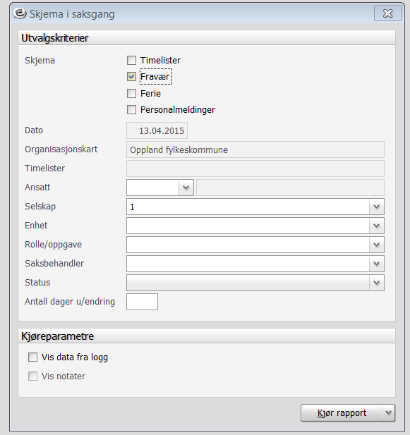 Det kan gjøres ulike utplukk før kjøring av rapporten: Utvalgskriterier: Skjema: Velg om det skal kjøres for Fravær eller Ferie Ansatt: Kan kjøre på en enkelt ansatt velg ansattnummer Enhet: Kan
