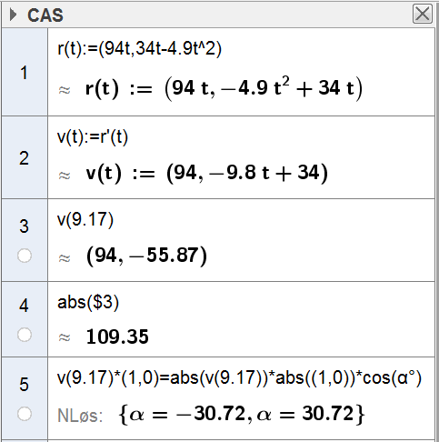 Vi må finne ut når y(t) = 100, og putte t-verdien vi finner, inn i x(t). 34t 4,9t = 100 4,9t 34t 100 = 0 Vi løser likningen i CAS-verktøyet til GeoGer.