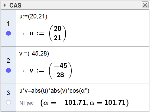 Vi setter ( u, v ) = α. D hr vi 6 = 3 10 osα Vi løser likningen i CAS. Vi ser t ( u, v ) = 101,54 6.137 [,] [4,4] = ( ) 4 + 4 = 0 Siden sklrproduktet er null, står vektorene normlt på hverndre. 6.138 [,t] [3,8] = 0 6 + 8t = 0 8t = 6 Vi ser t vektorene er ortogonle når t = 3 4.