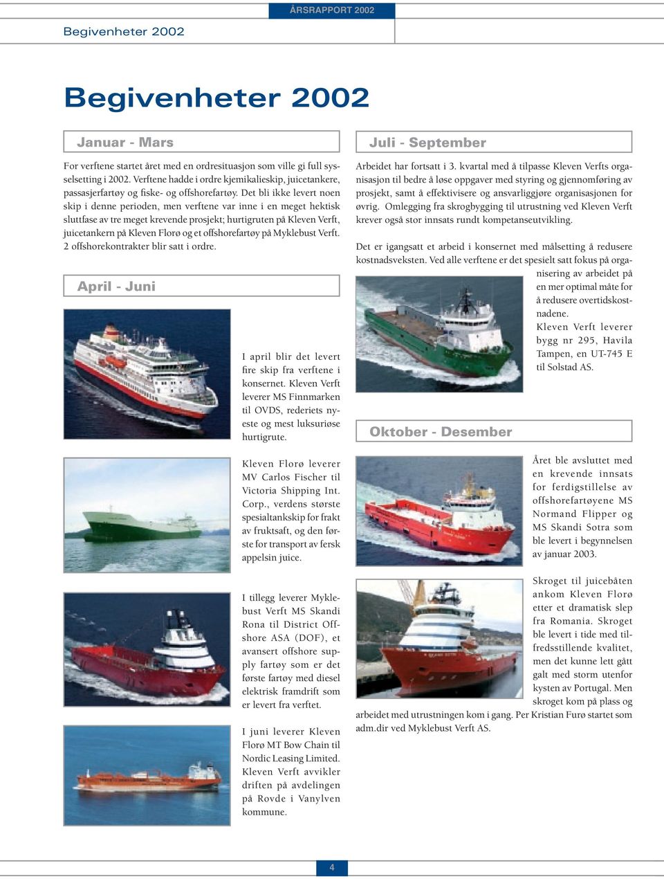 Det bli ikke levert noen skip i denne perioden, men verftene var inne i en meget hektisk sluttfase av tre meget krevende prosjekt; hurtigruten på Kleven Verft, juicetankern på Kleven Florø og et