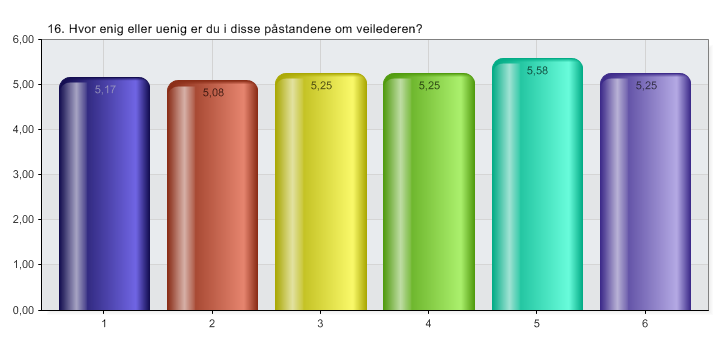 1 Veilederen klarte å sette seg inn i min situasjon 2 Veilederen bidro til å klargjøre mine tanker og ideer 3 Veilederen motiverte meg 4