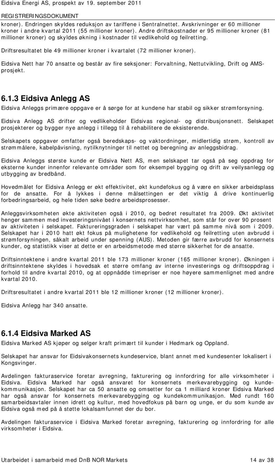 Driftsresultatet ble 49 millioner kroner i kvartalet (72 millioner kroner). Eidsiva Nett har 70 ansatte og består av fire seksjoner: Forvaltning, Nettutvikling, Drift og AMSprosjekt. 6.1.