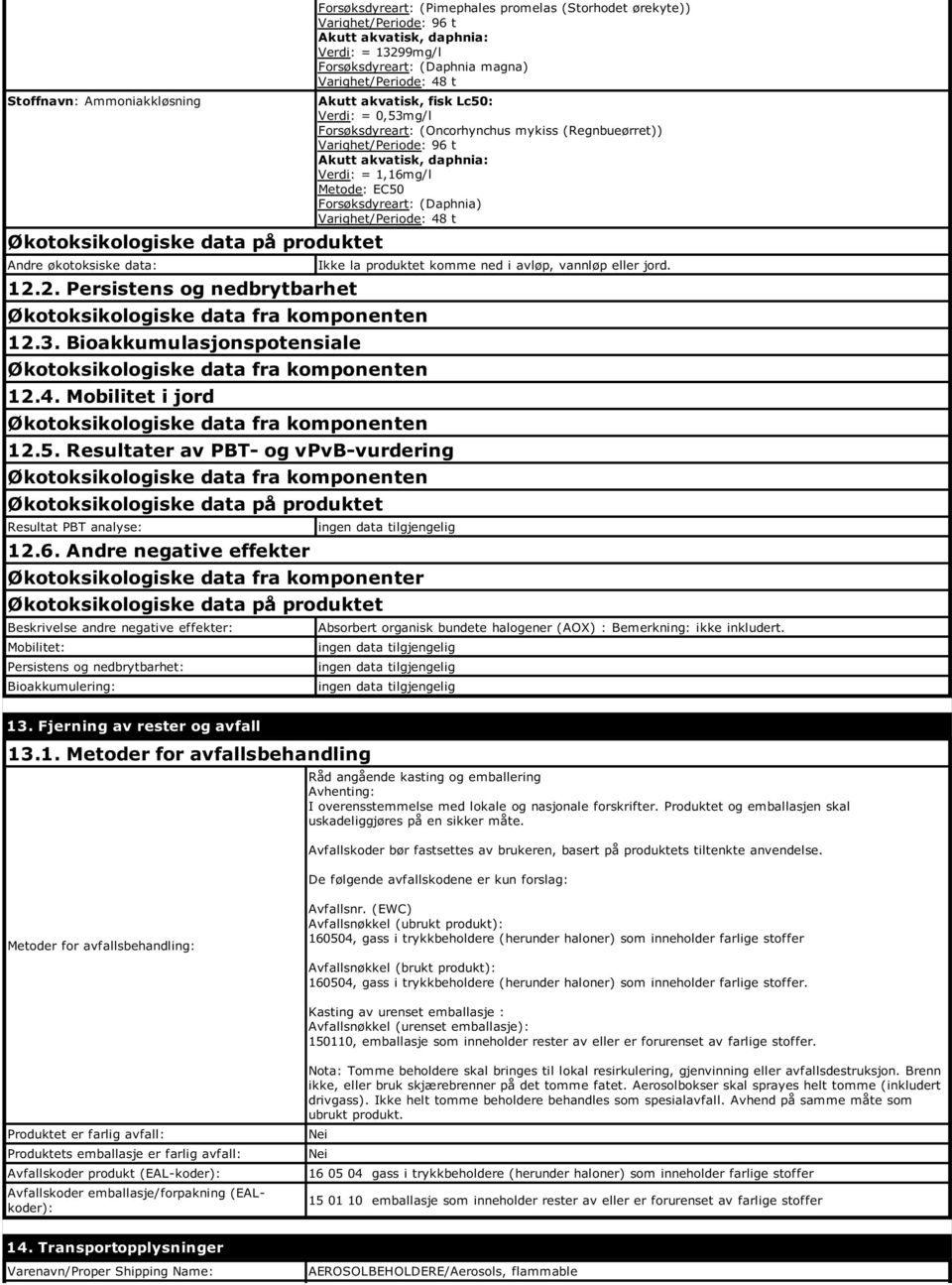 Varighet/Periode 48 t Økotoksikologiske data på produktet Andre økotoksiske data Ikke la produktet komme ned i avløp, vannløp eller jord. 12.