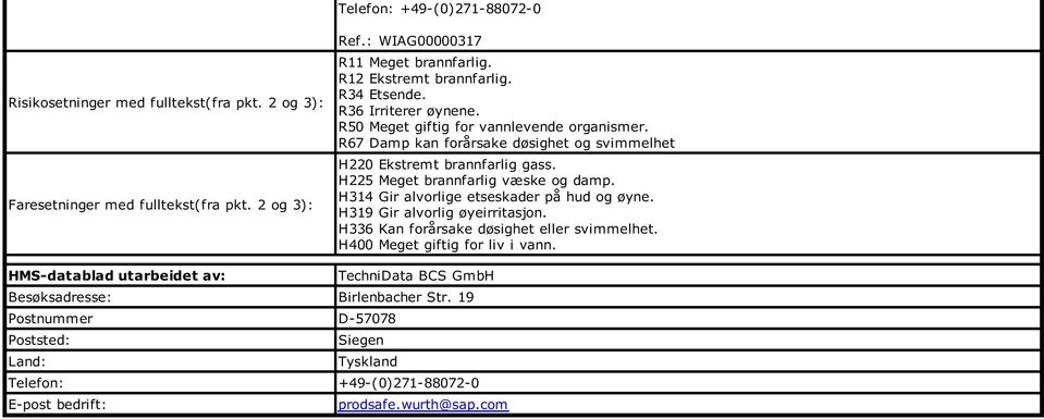 Faresetninger med fulltekst(fra pkt. 2 og 3) H314 Gir alvorlige etseskader på hud og øyne. H319 Gir alvorlig øyeirritasjon. H336 Kan forårsake døsighet eller svimmelhet.