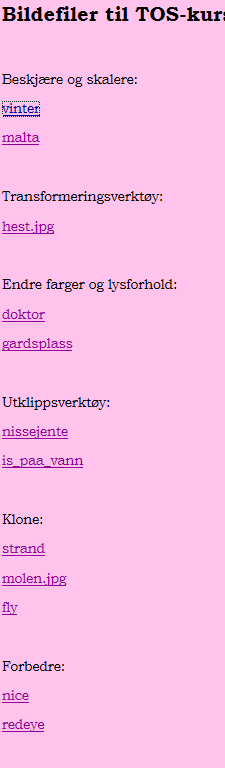 0 Skalering 0 Beskjæring Emner vi skal innom 0 Transformeringsverktøy (Speilvende, rotere, forskyve, perspektiv) 0 Lag 0 Fargejustering (Kulør og metning, balanse) 0 Utvalgsverktøy (Merke utvalg) 0