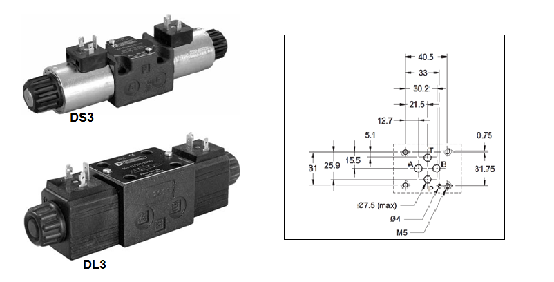 Ventiler Retningsventiler Cetop 03 elektrisk operert DL3 on/off spenning AC/DC Qmaks 50 l/min Pmaks 280 bar DS3 on/off spenning AC/DC Qmaks 100 l/min Pmaks bar Andre sleider enn de som er vist