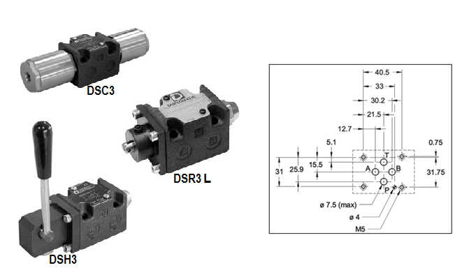 Ventiler Retningsventiler - Cetop 03 mekanisk operert DSH3 Manuelt operert m/spak, Qnom 75 l/min DSC3 Hydraulisk operert, Qnom 75 l/min DSR3L Mekanisk /kam, Qnom 75 l/min Type Serie Maks trykk [bar]