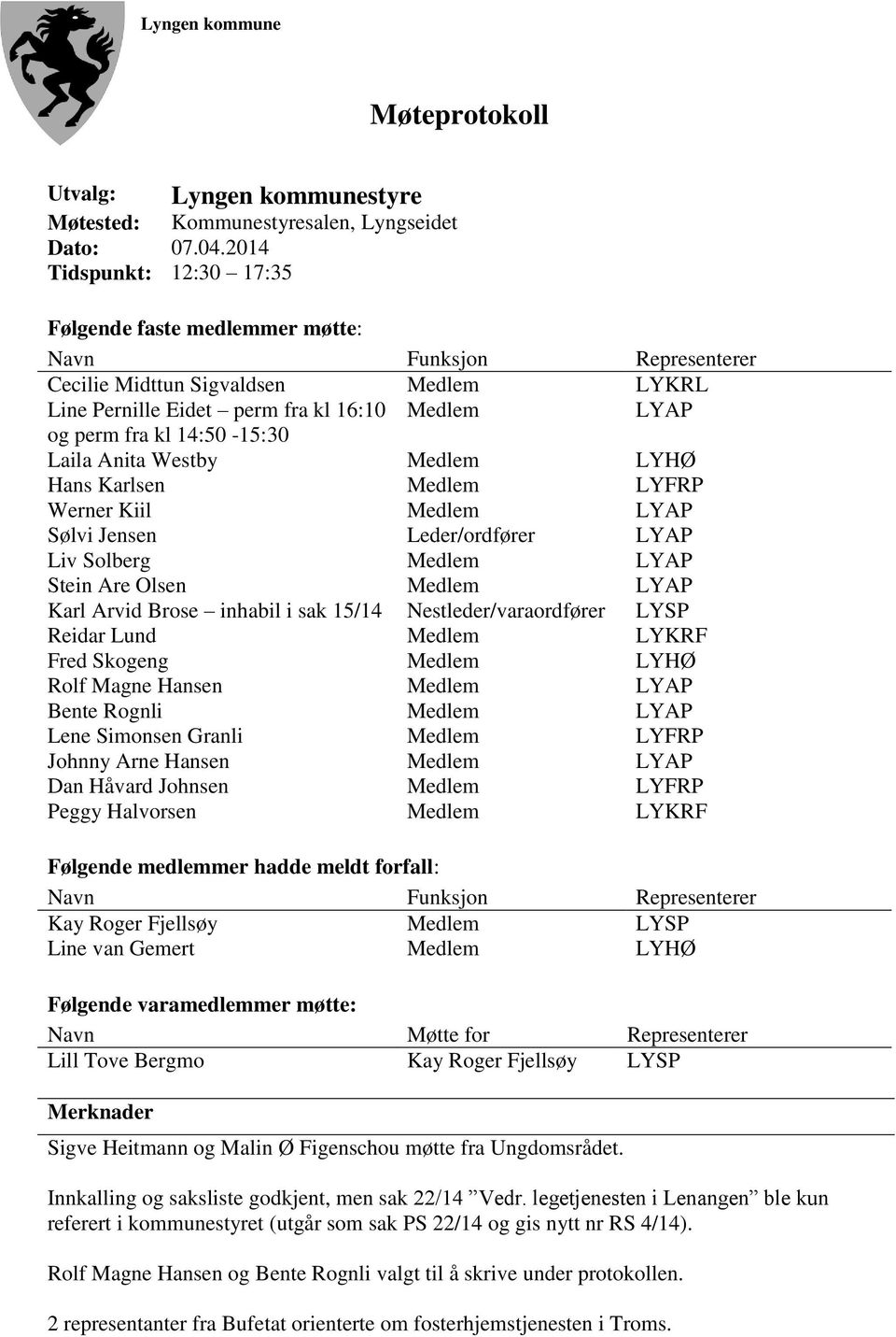 14:50-15:30 Laila Anita Westby Medlem LYHØ Hans Karlsen Medlem LYFRP Werner Kiil Medlem LYAP Sølvi Jensen Leder/ordfører LYAP Liv Solberg Medlem LYAP Stein Are Olsen Medlem LYAP Karl Arvid Brose