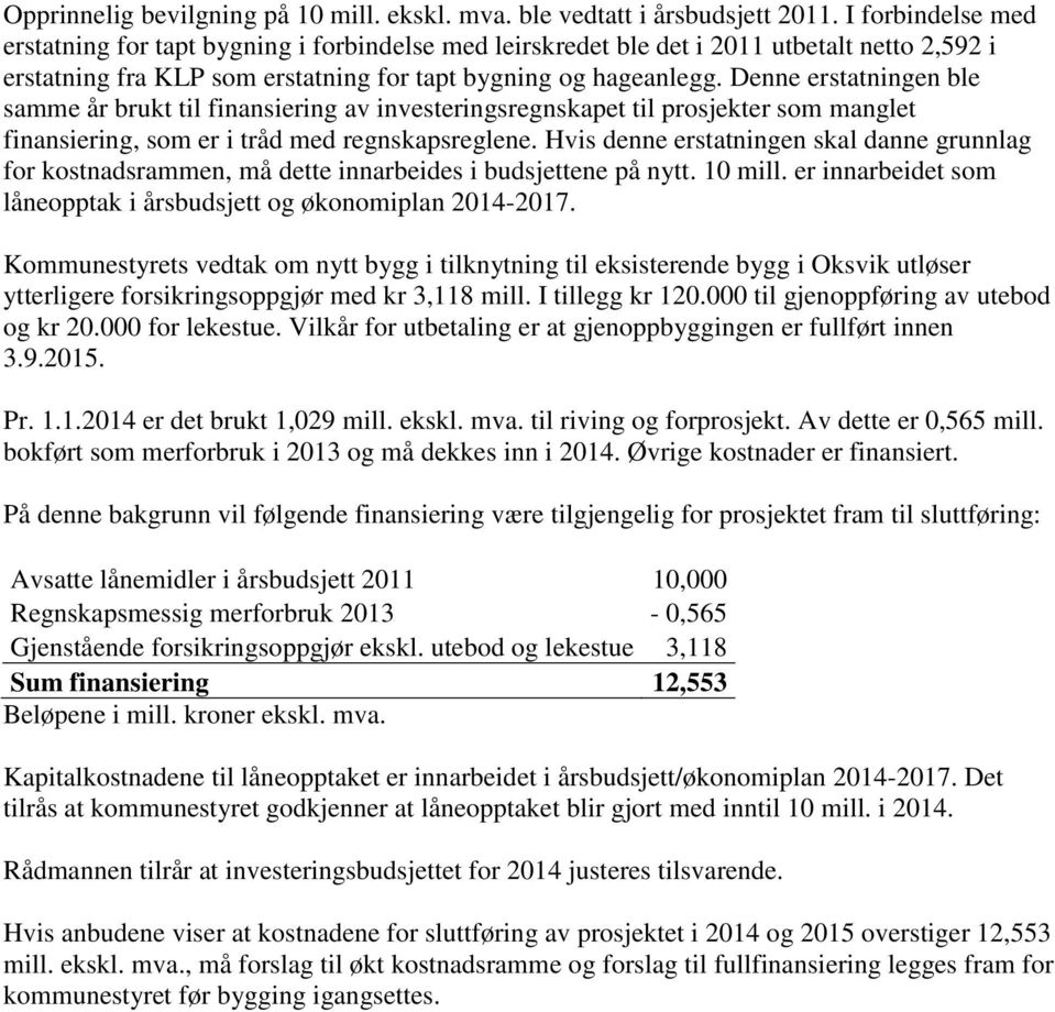 Denne erstatningen ble samme år brukt til finansiering av investeringsregnskapet til prosjekter som manglet finansiering, som er i tråd med regnskapsreglene.