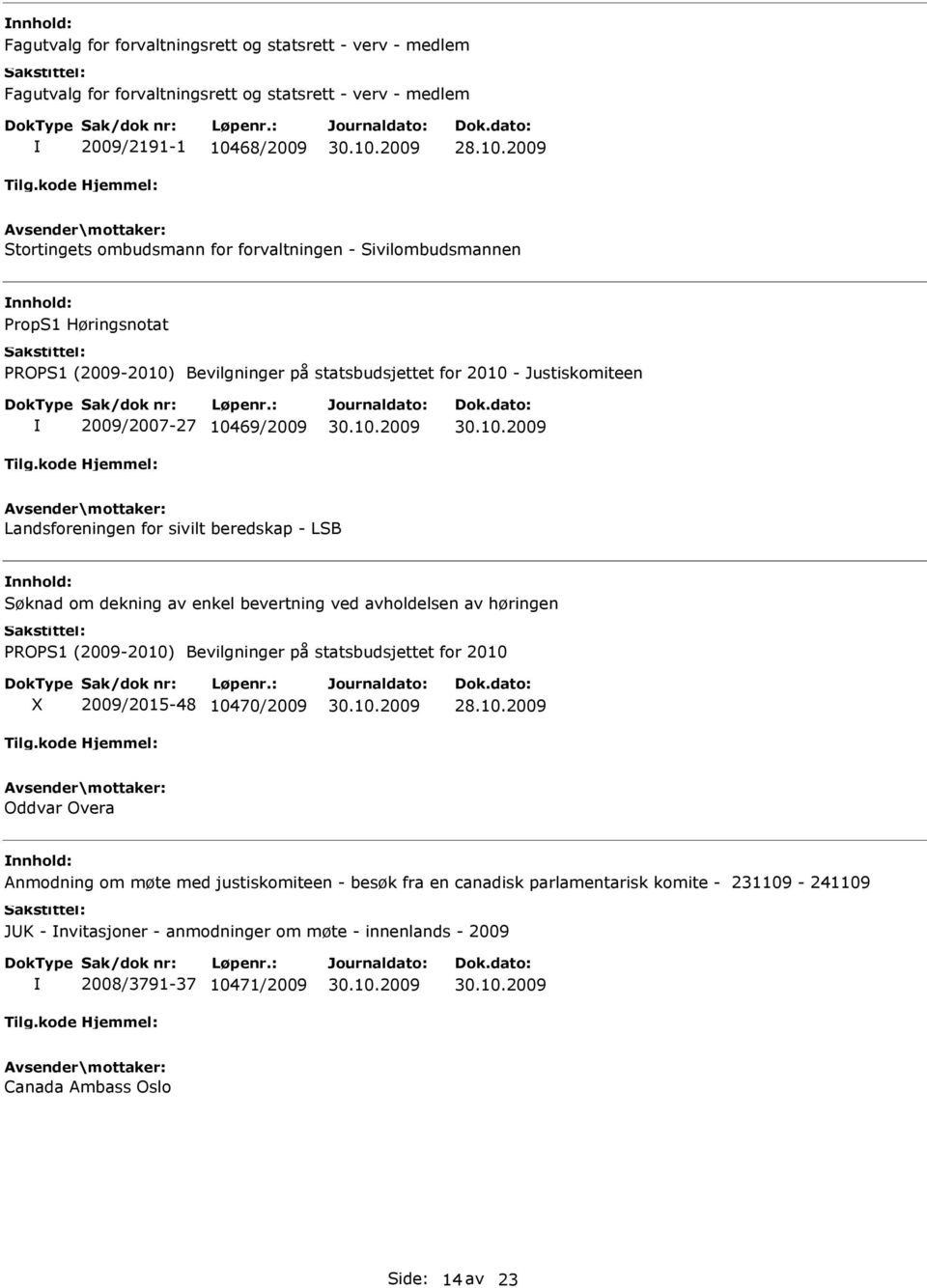 2009 Stortingets ombudsmann for forvaltningen - Sivilombudsmannen nnhold: - Justiskomiteen 2009/2007-27 10469/2009 Landsforeningen for sivilt beredskap - LSB nnhold: