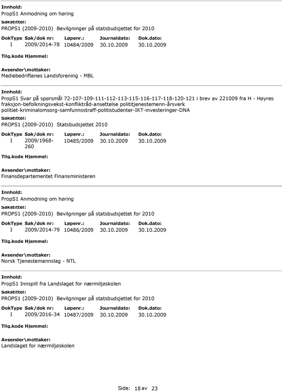 polititjenestemenn-årsverk politiet-kriminalomsorg-samfunnsstraff-politistudenter-kt-investeringer-dna 260 10485/2009 nnhold: PropS1 Anmodning om