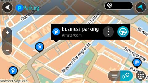 Du kan få opp en liste over parkeringsplasser på skjermen ved å trykke på denne knappen: Du kan velge en parkeringsplass fra listen for å vise den på kartet.