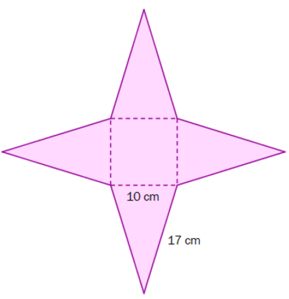 E1 (Vår 01, Del ) Mary har laget et pyramidekort. Grunnflaten i kortet er et kvadrat. Sidene i pyramiden er likebeinte trekanter. Under ser du mønsteret hun brukte.