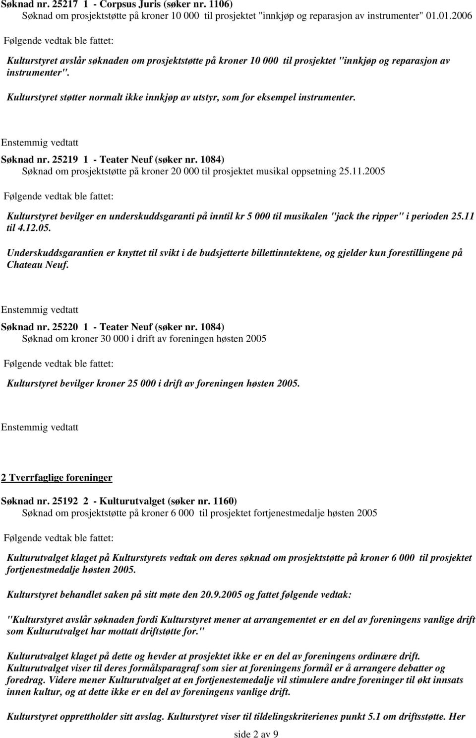 Kulturstyret støtter normalt ikke innkjøp av utstyr, som for eksempel instrumenter. Søknad nr. 25219 1 - Teater Neuf (søker nr.