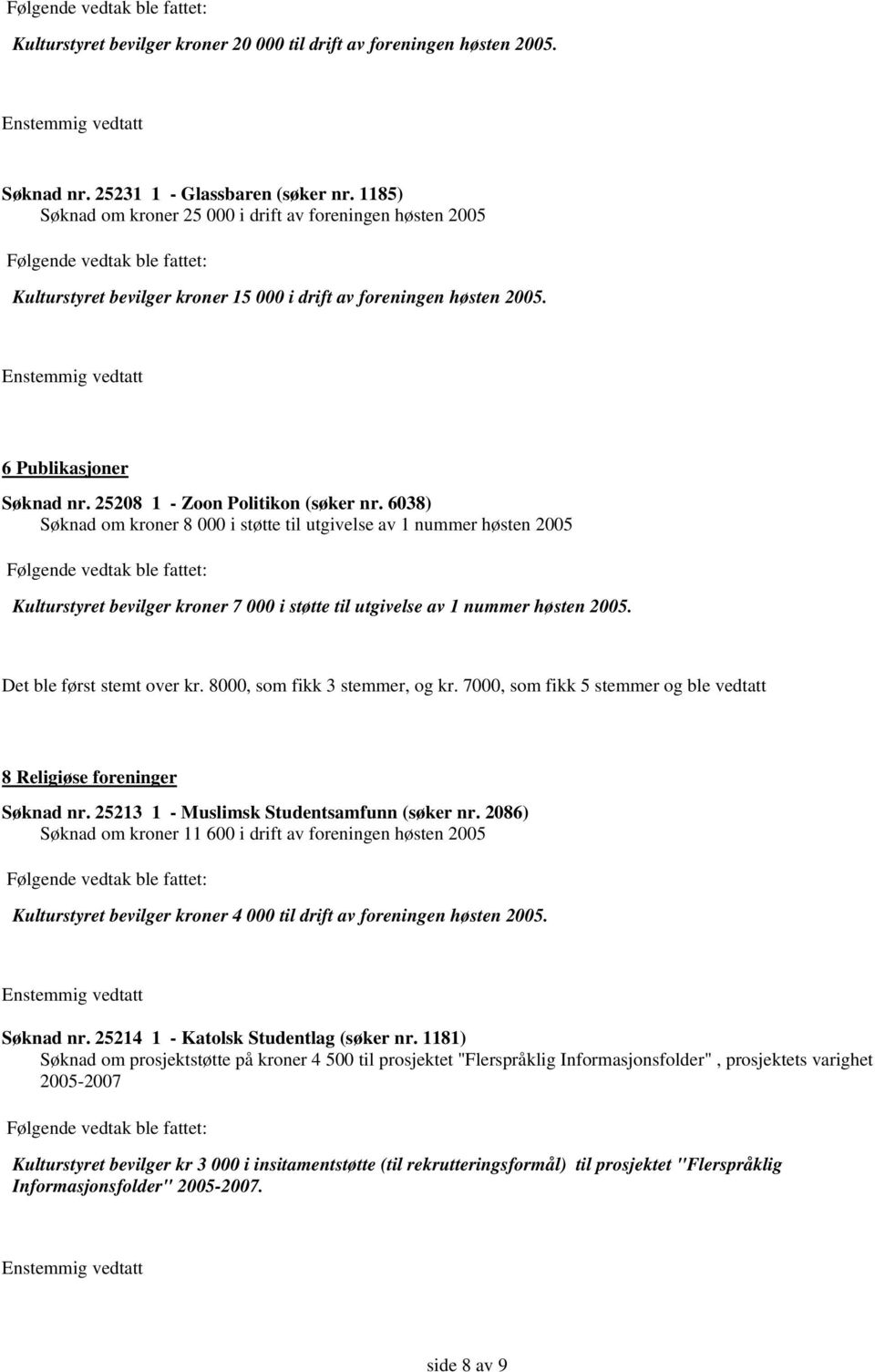 6038) Søknad om kroner 8 000 i støtte til utgivelse av 1 nummer høsten 2005 Kulturstyret bevilger kroner 7 000 i støtte til utgivelse av 1 nummer høsten 2005. Det ble først stemt over kr.