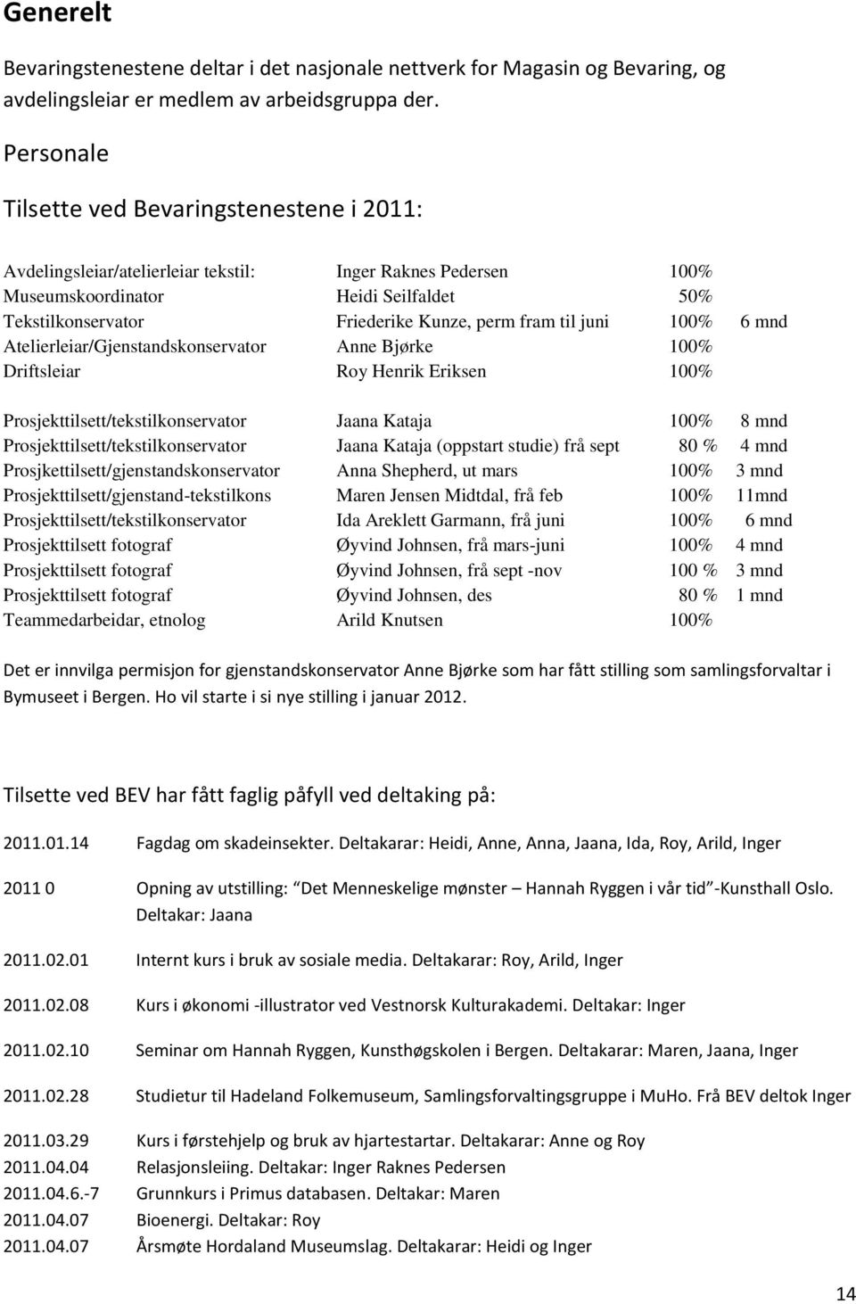 fram til juni 100% 6 mnd Atelierleiar/Gjenstandskonservator Anne Bjørke 100% Driftsleiar Roy Henrik Eriksen 100% Prosjekttilsett/tekstilkonservator Jaana Kataja 100% 8 mnd