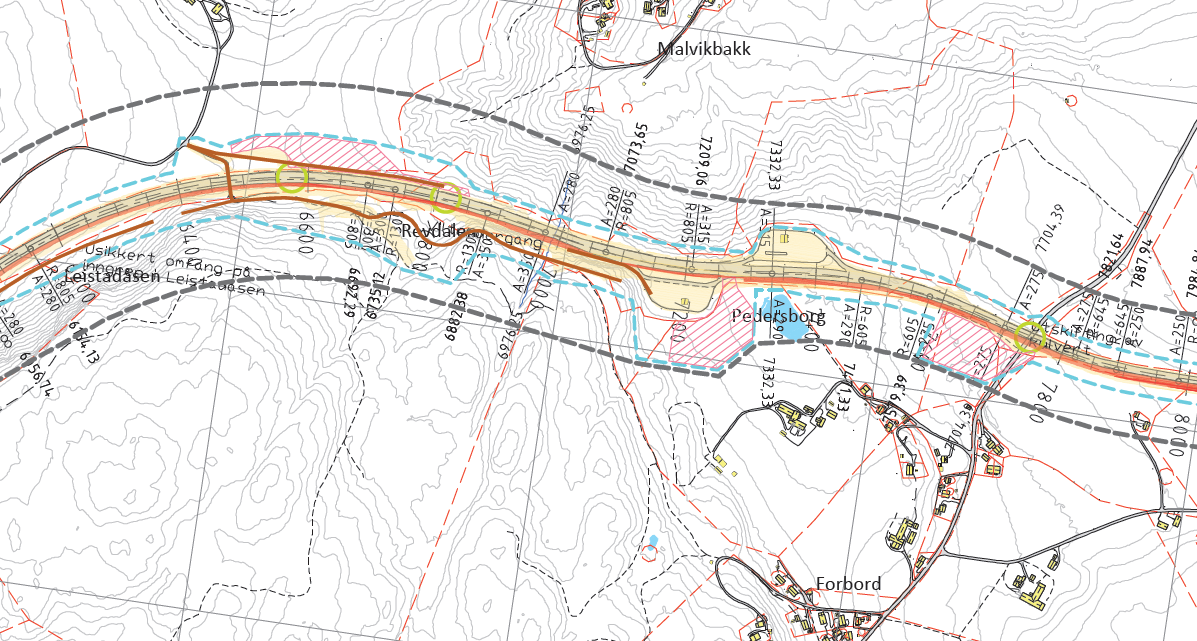 KU E6 Ranheim-Værnes. Konsekvenser i anleggsfasen. 22 Figur 4. Anleggsveier og midlertidige kryss på Leistad. Gulgrønn sirkel viser hvor det skal etableres nye konstruksjoner, inkl.