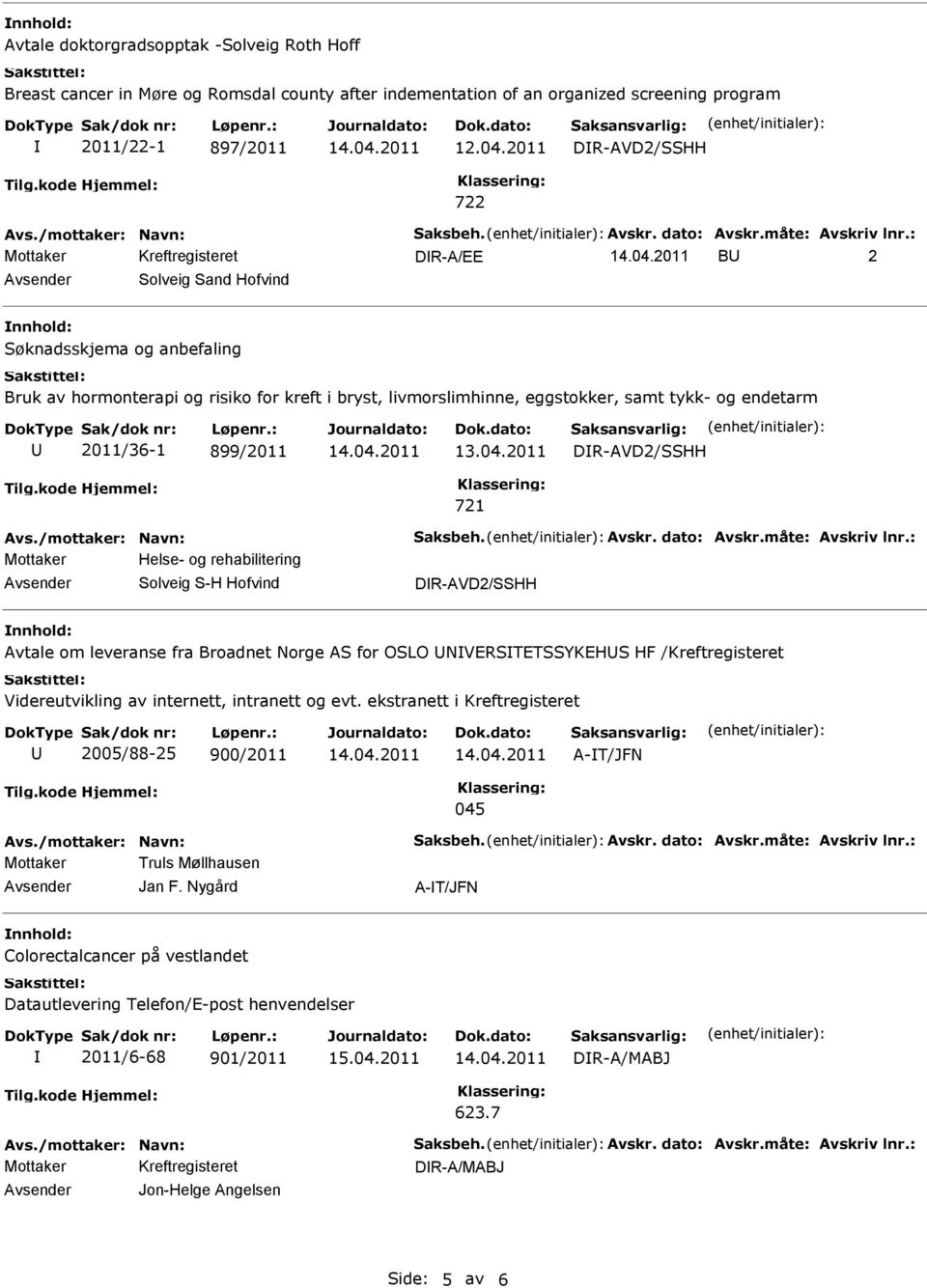 og rehabilitering Solveig S-H Hofvind DR-AVD2/SSHH Avtale om leveranse fra Broadnet Norge AS for OSLO NVERSTETSSYKEHS HF /Kreftregisteret Videreutvikling av internett, intranett og evt.