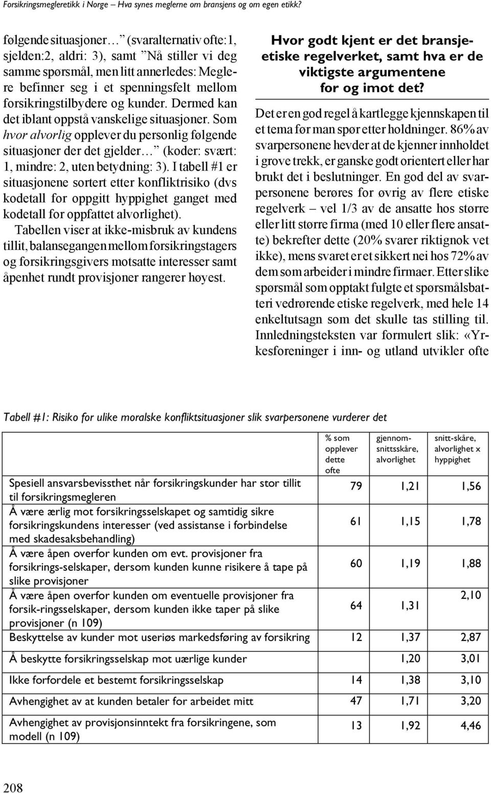 I tabell #1 er situasjonene sortert etter konfliktrisiko (dvs kodetall for oppgitt hyppighet ganget med kodetall for oppfattet alvorlighet).