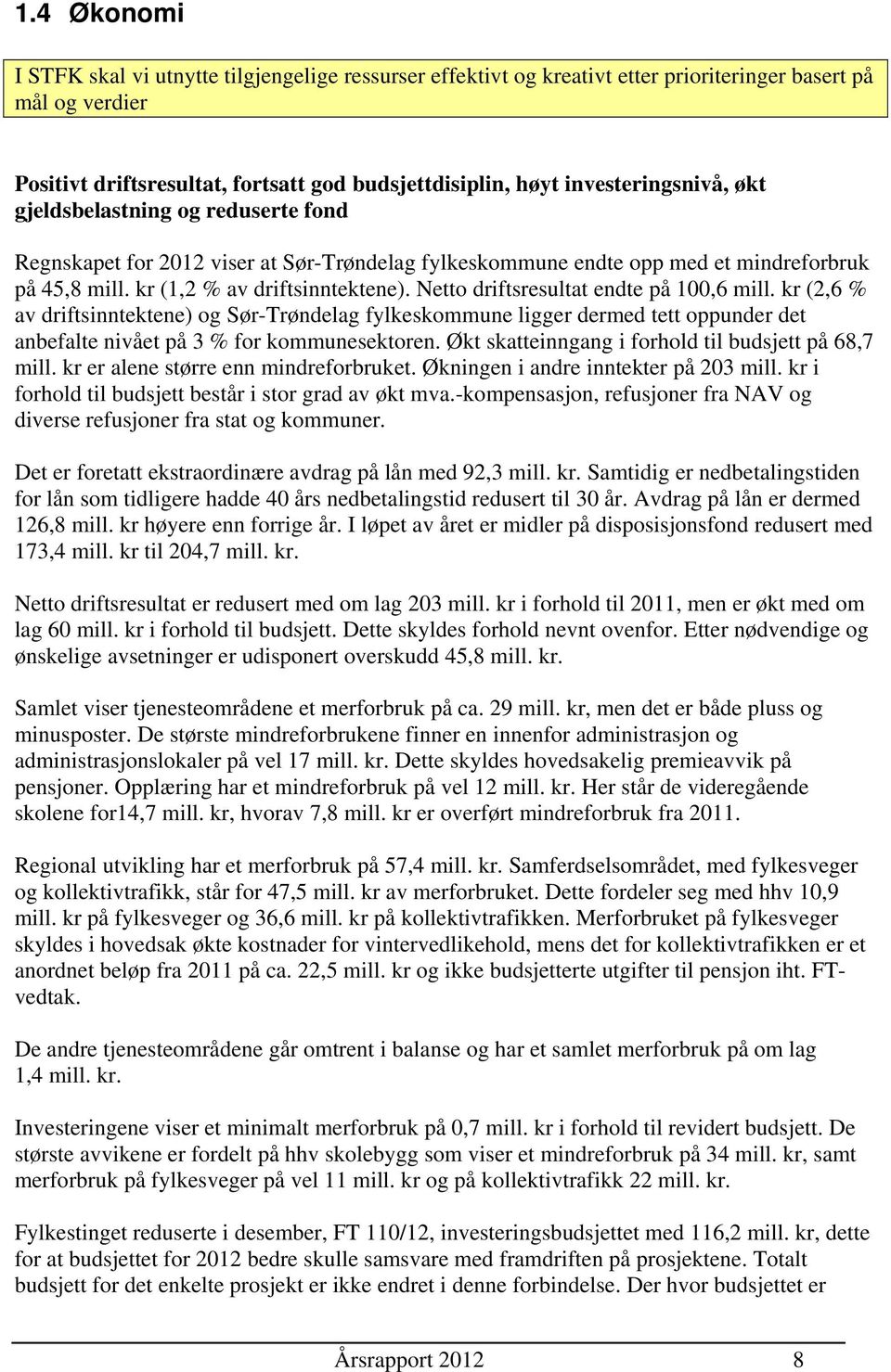 Netto driftsresultat endte på 100,6 mill. kr (2,6 % av driftsinntektene) og Sør-Trøndelag fylkeskommune ligger dermed tett oppunder det anbefalte nivået på 3 % for kommunesektoren.