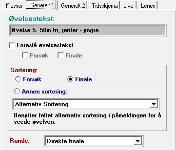 Sortering Finale sortering er default Finale Tid, Klasse Standarssortering - det som er valgt på øvelse Kan