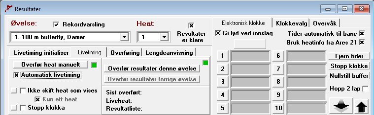 Vindu Resultater knapp nr 6 1. Synkroniser klokke 2. Start overføringsprogram 3. Gi lyd ved innslag 4.