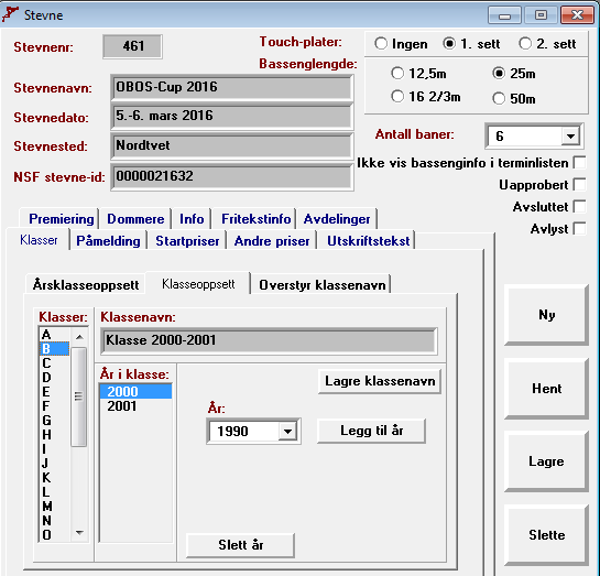 Oppsett av nytt stevne 1. Stevnenavn og stevnedato 2. Legg inn NSF stevne-id 1 3 4 1. Hentes fra terminlisten 3. Markering for Touch plater. 2 1.
