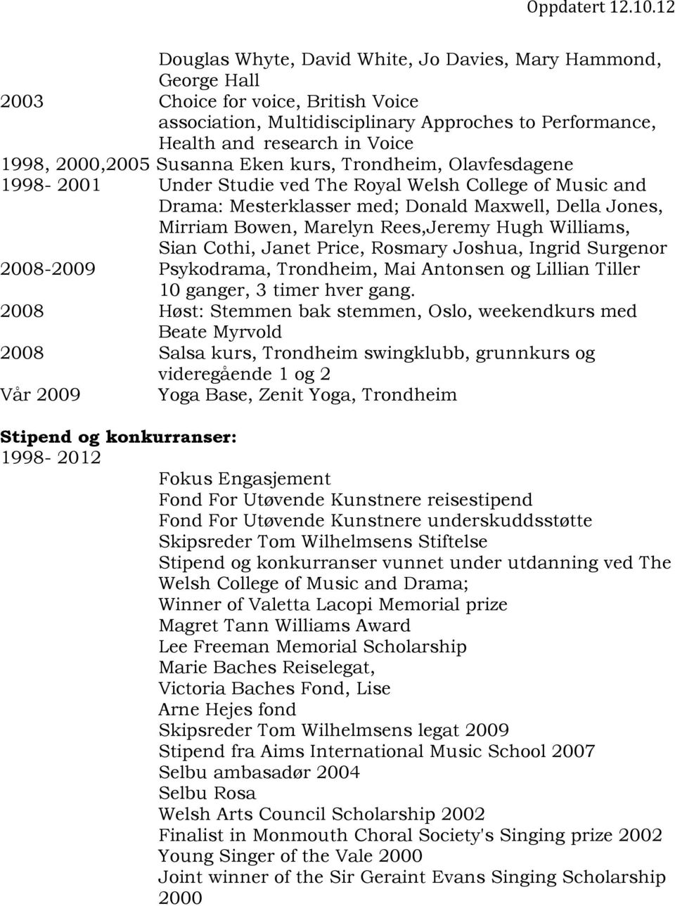 Rees,Jeremy Hugh Williams, Sian Cothi, Janet Price, Rosmary Joshua, Ingrid Surgenor 2008-2009 Psykodrama, Trondheim, Mai Antonsen og Lillian Tiller 10 ganger, 3 timer hver gang.