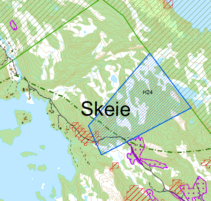 Område, Gnr/bnr: Skeie, 4/1 Område nr: H 24 Bakgrunn: Ynskje om å omdisponere areal til hyttebygging Tiltak: Utvikling av