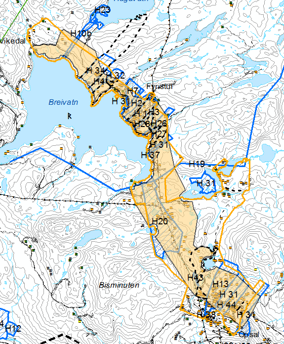 Kart med forslag til avgrensing i kommuneplan RESULTAT: RÅDMANNENS KONKLUSJON: FORSLAG TIL AREALDEL: Byggeområde avgrensast slik at det er konsentrert kring eksisterande vegar langs Breivatn.