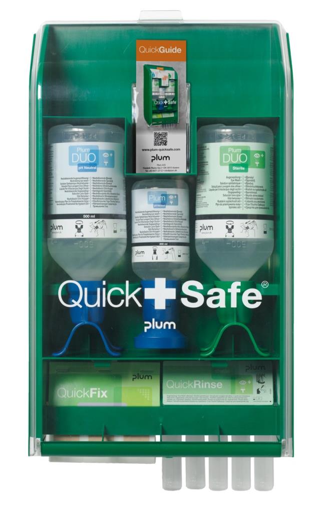 QuickSafe Chemical Industry Vegghengt førstehjelpestasjon spesielt sammensatt til virksomheter, hvor det er risiko for ulykker med syrer og baser. Inneholder bl. a.