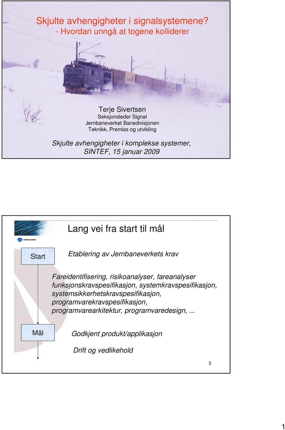 avhengigheter i komplekse systemer, SINTEF, 15 januar 2009 Lang vei fra start til mål Start Etablering av Jernbaneverkets krav