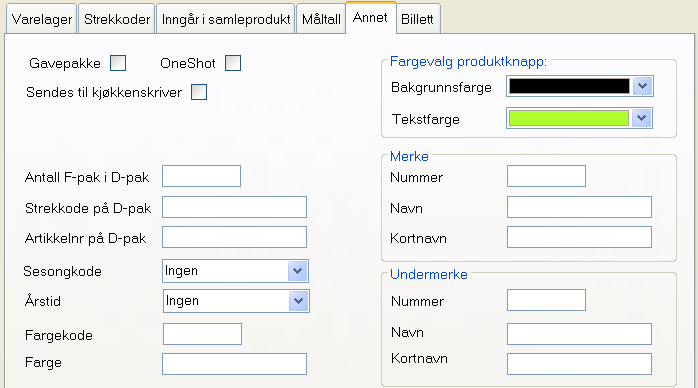 Måltall Enkelte data som omhandler data som kan måles, og blir importert fra Kodabas for hvert enkelt produkt angis her.