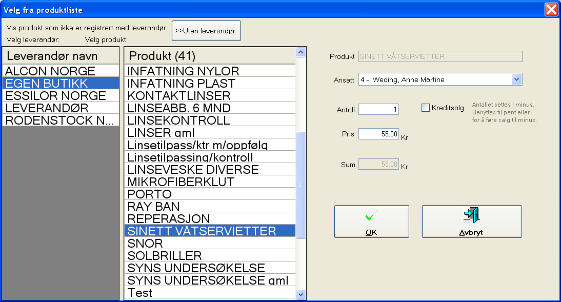 Overstående salgsvindu er spesielt bygget opp for touchskjerm, men fungerer fint også om man vil benytte mus til å trykke med.