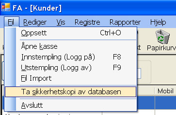 Avsnitt 9. Sikkerhetskopi Under menyen Fil Ta sikkerhetskopi av databasen kan du lage en kopi av dine data og legge disse ut på et egnet medium.