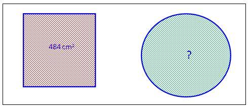 B9 Sirkelen og kvadratet til høyre har samme areal, 484 cm 2. a) Avgjør uten regning om det er siden i kvadratet eller diameteren i sirkelen som er størst. b) Regn ut radien i sirkelen.