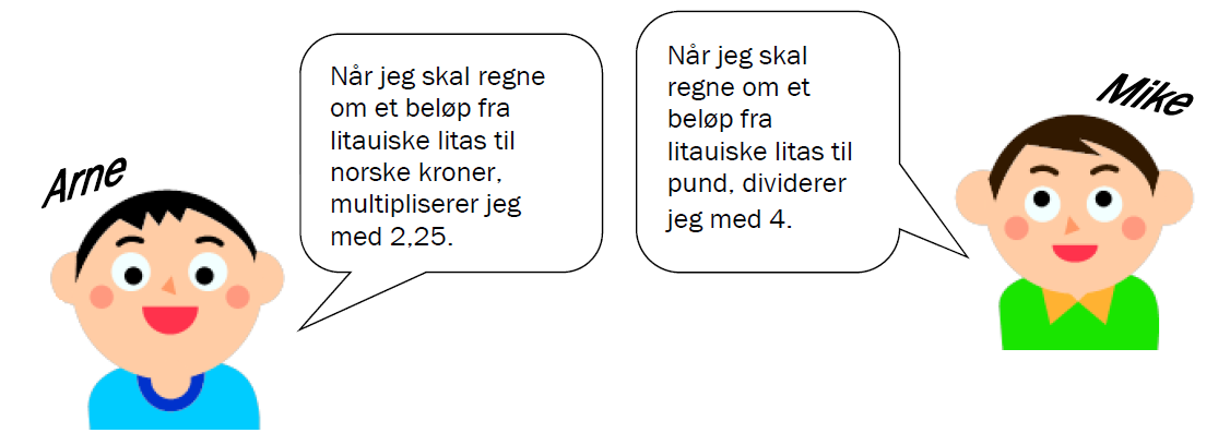 E4 (Eksamen 1P høsten 2012, Del 1) Mike fra England og Arne fra Norge møttes i Litauen.