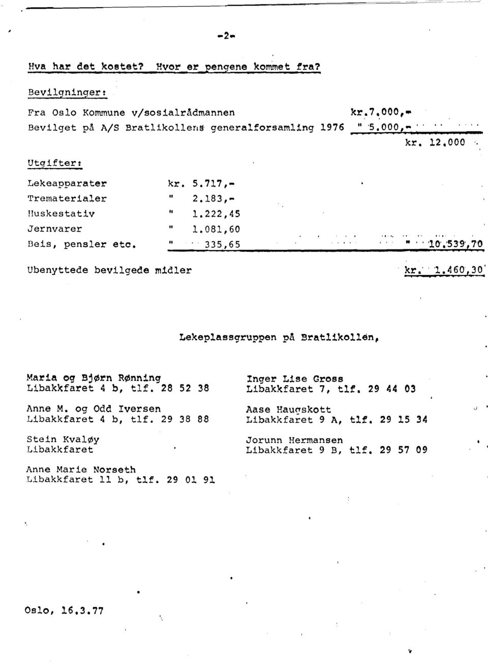 " - ' '10-.a53'9,7'6 kr.' m' Lekeplassyruppen pa Bratlikolldn, Maria og Bjdrn Rdnning Xnger Lise Gross Libakkfaret 4 b, tlf. 28 52 38 Libakkfaret 7, tlf. 29 44 03 Anne M.