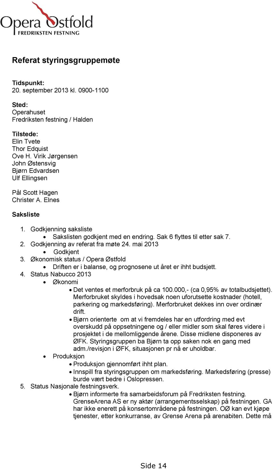 Godkjenning av referat fra møte 24. mai 2013 Godkjent 3. Økonomisk status / Opera Østfold Driften er i balanse, og prognosene ut året er ihht budsjett. 4.