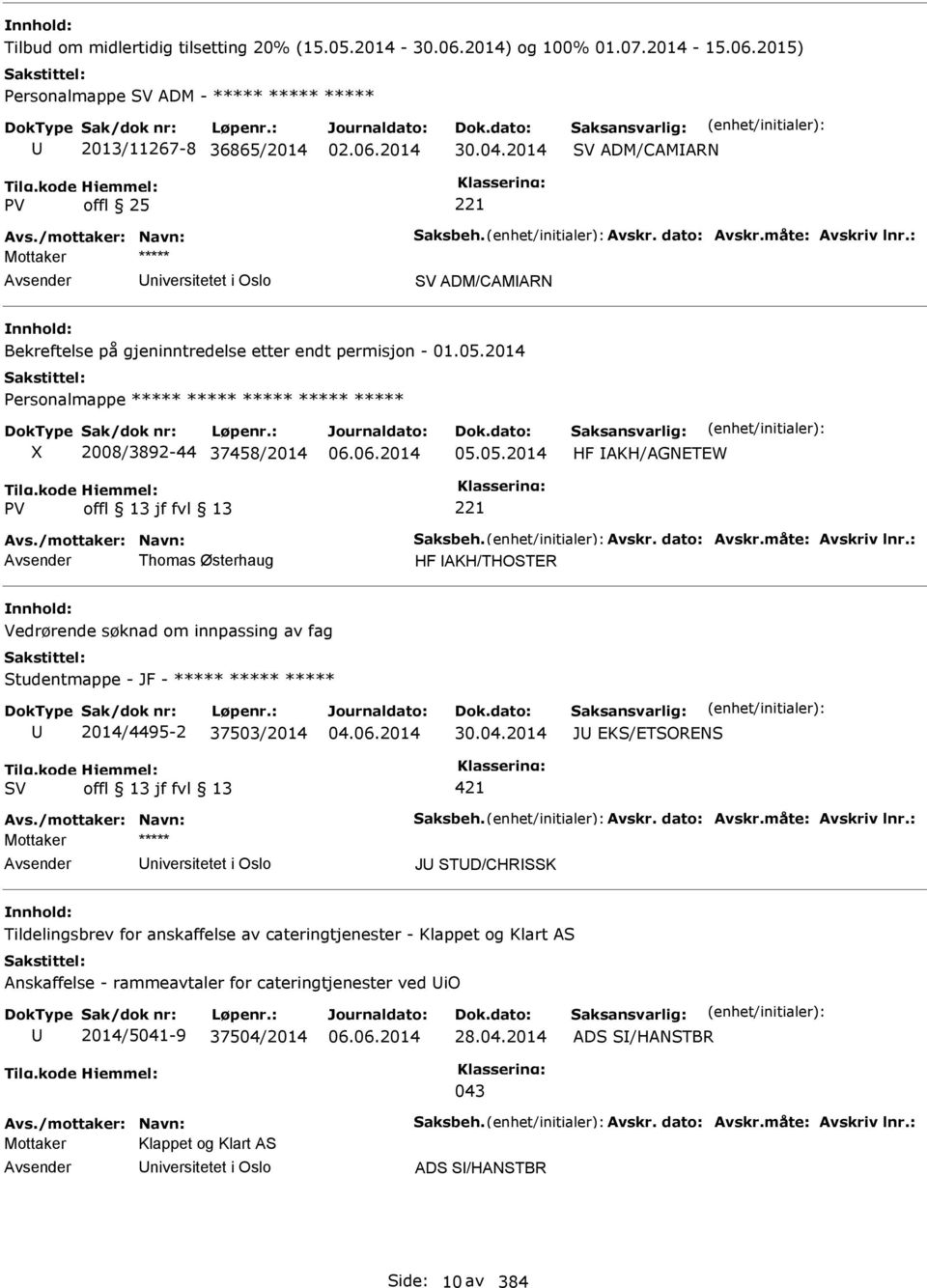 2014 Personalmappe ***** ***** ***** ***** ***** 2008/3892-44 37458/2014 05.05.2014 HF AKH/AGNETEW Avs./mottaker: Navn: Saksbeh. Avskr. dato: Avskr.måte: Avskriv lnr.