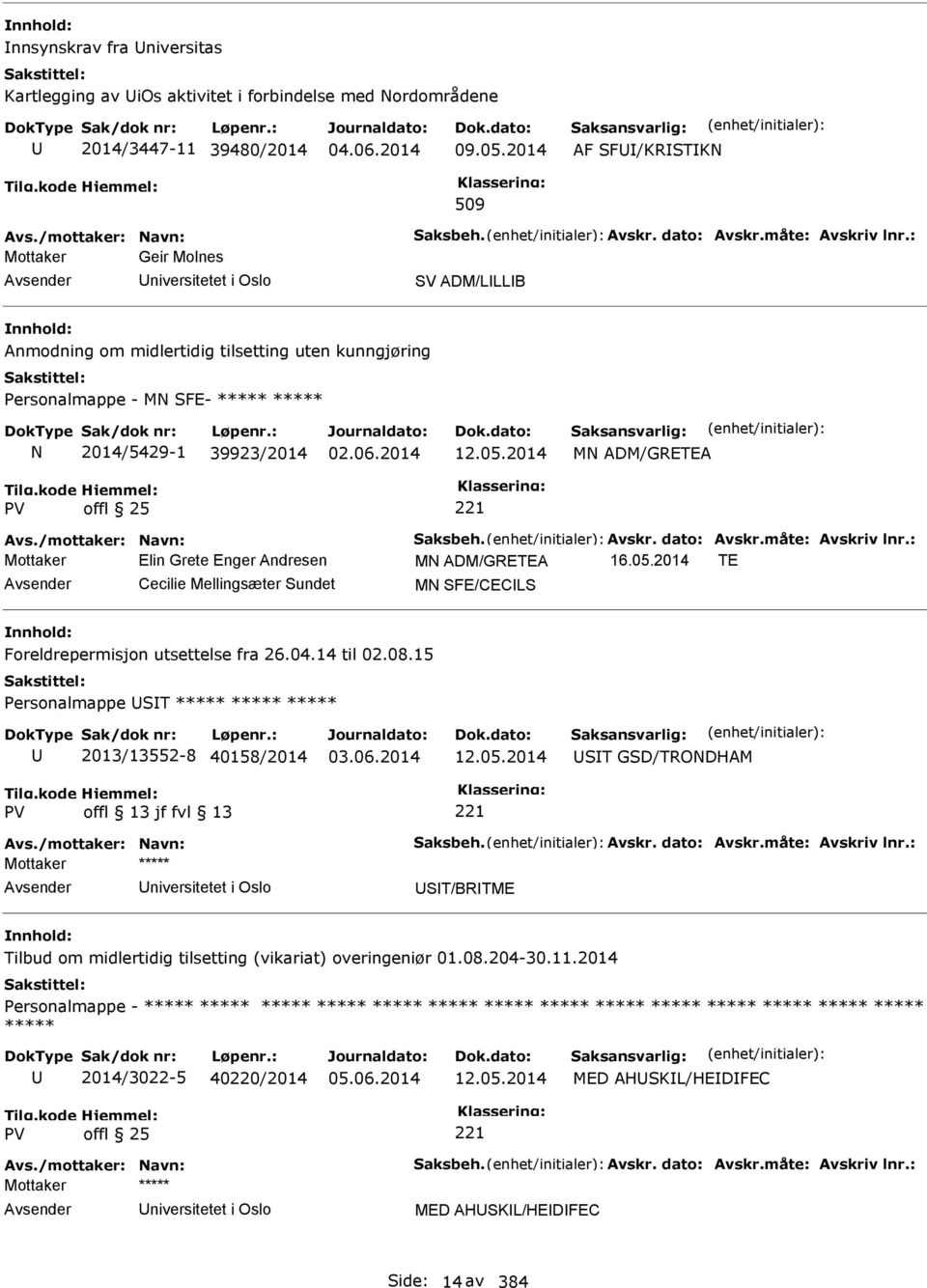 2014 MN ADM/GRETEA Avs./mottaker: Navn: Saksbeh. Avskr. dato: Avskr.måte: Avskriv lnr.: Mottaker Elin Grete Enger Andresen MN ADM/GRETEA 16.05.